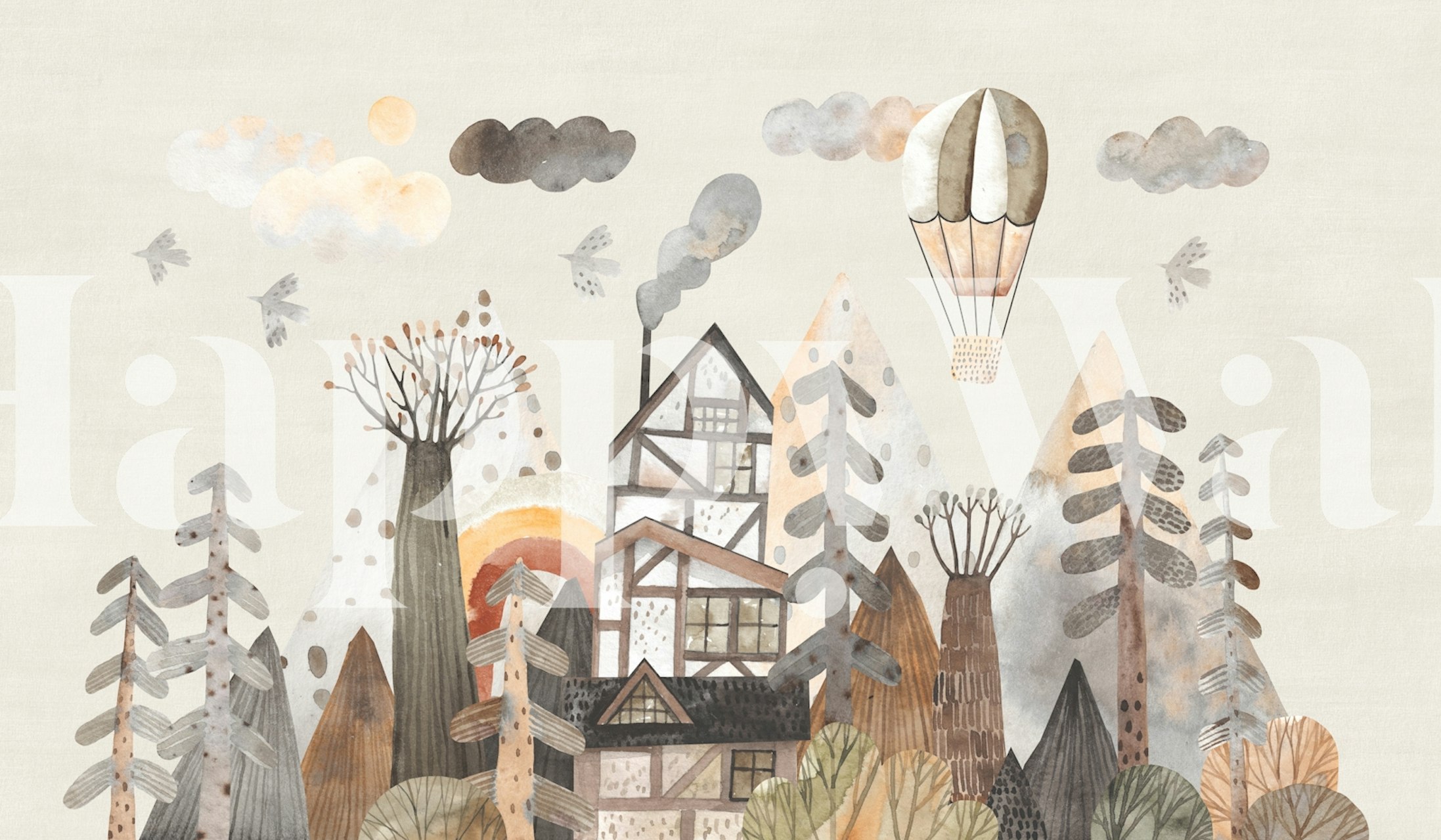 Vintage house in a forest wallpaper design