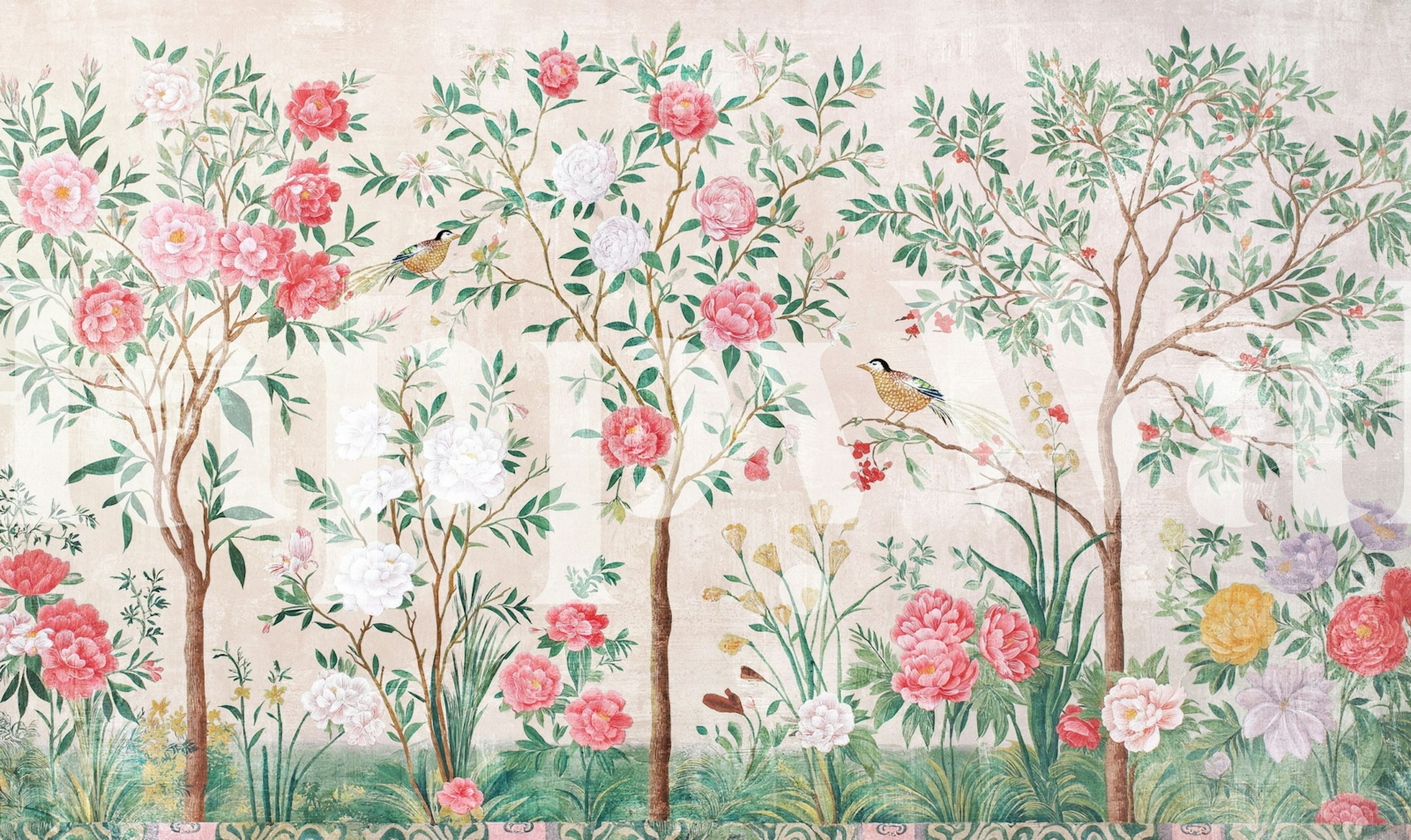 Tropical Chinoiserie Rose tapet i ett rum