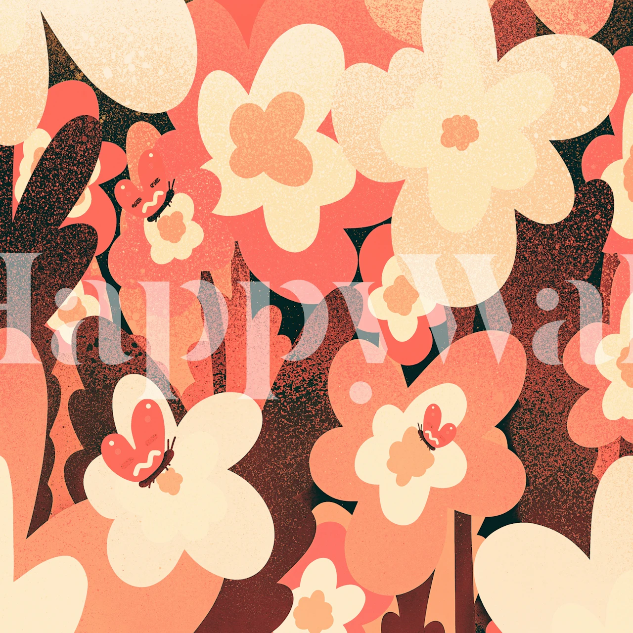 Pink floral wallpaper with butterflies and foliage