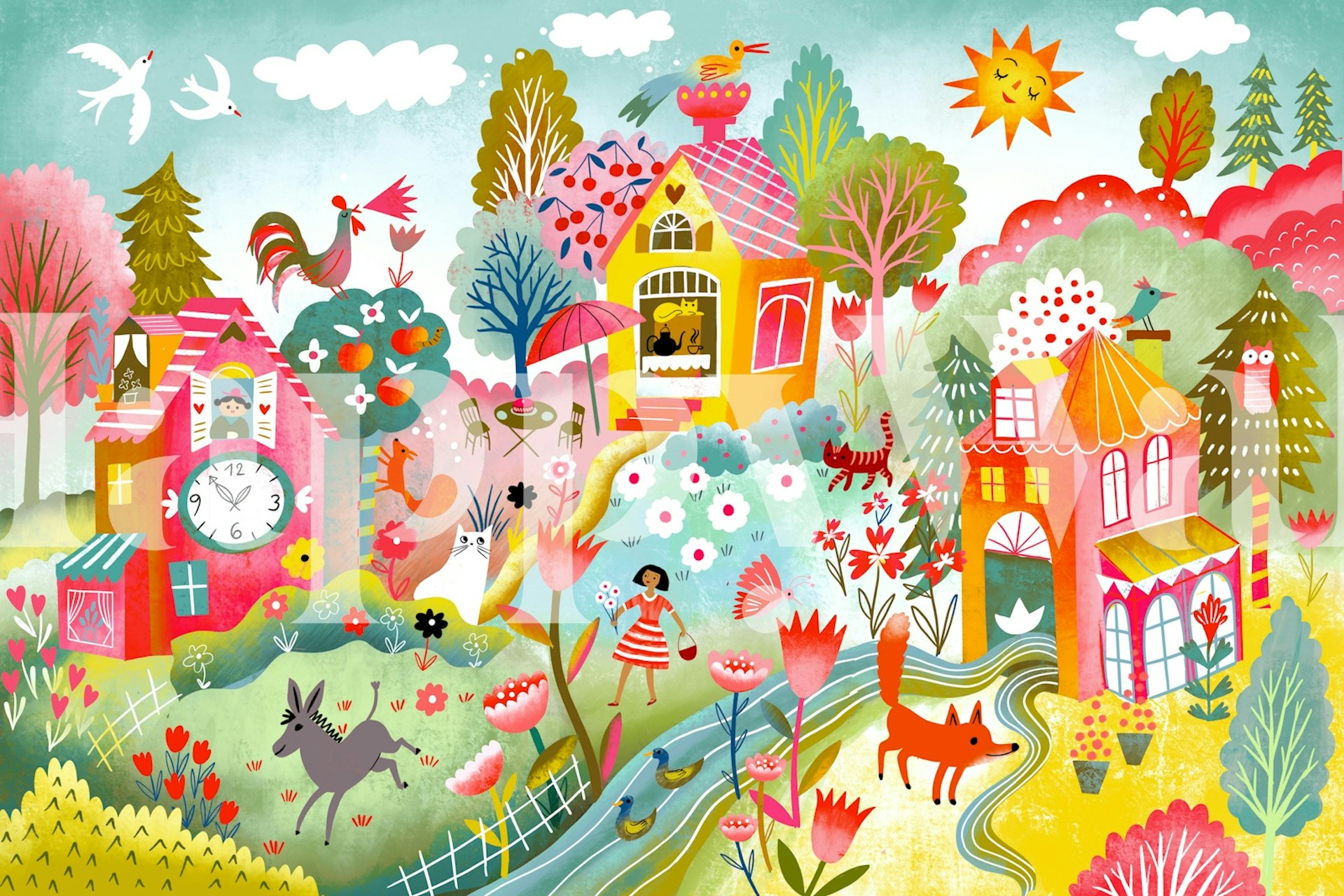 Colorful village scene with houses, flowers, and animals wallpaper