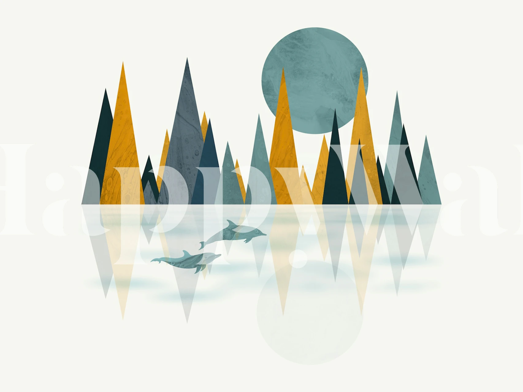 Geometric peaks and dolphin silhouettes in teal and orange wallpaper