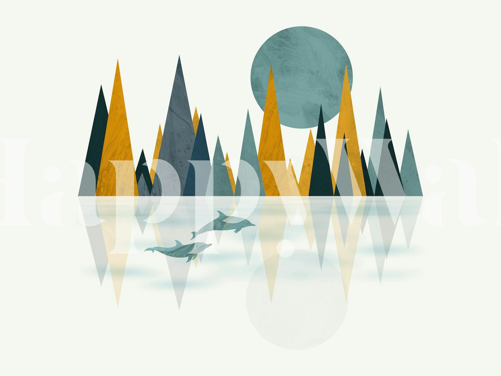 Geometric peaks and dolphin silhouettes in teal and orange wallpaper