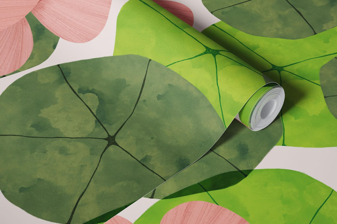 Pink flowers and green leaves wallpaper roll