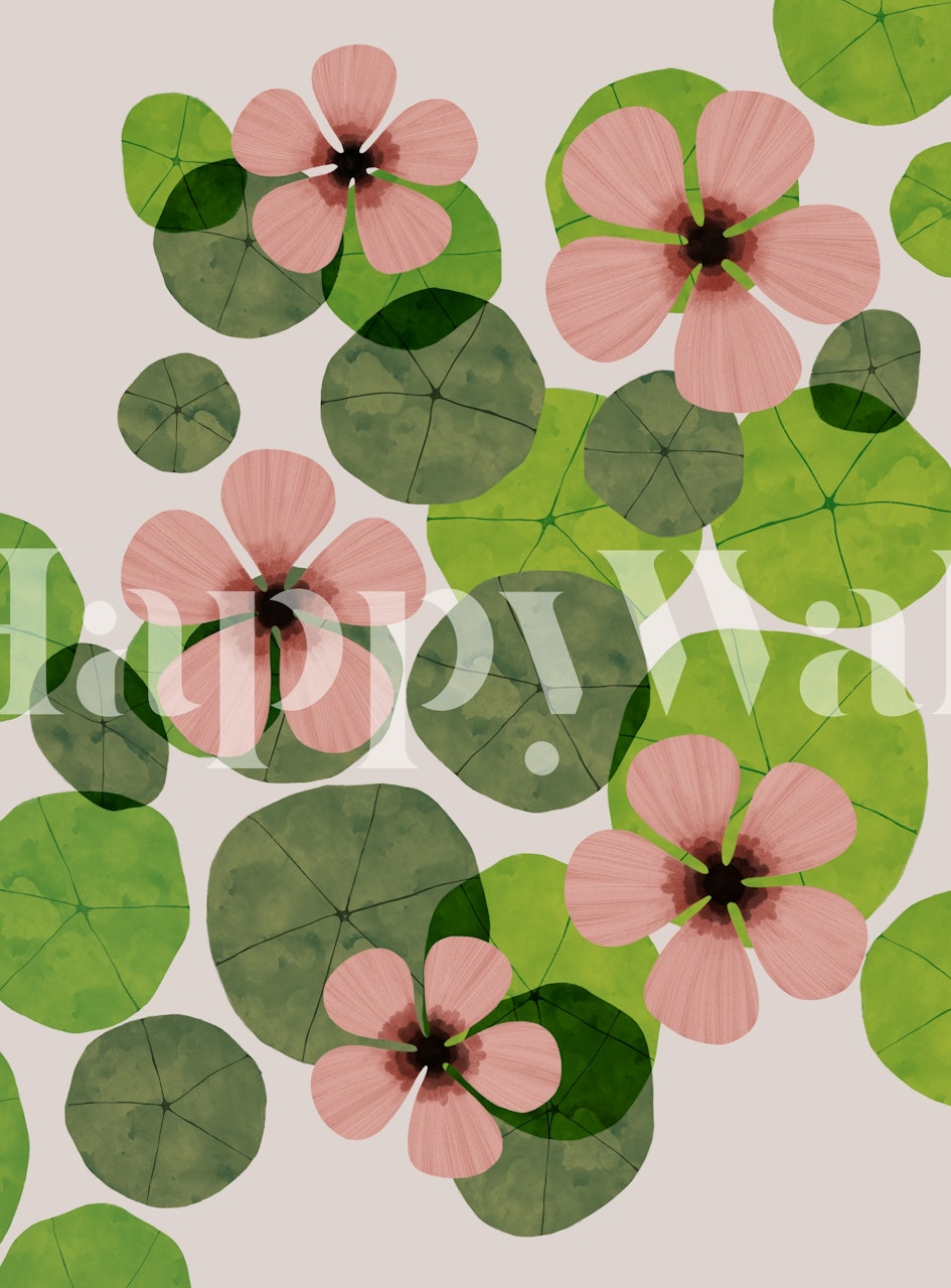 Roze bloemen en groene bladeren op een lichtroze achtergrond, botanisch wallpaper