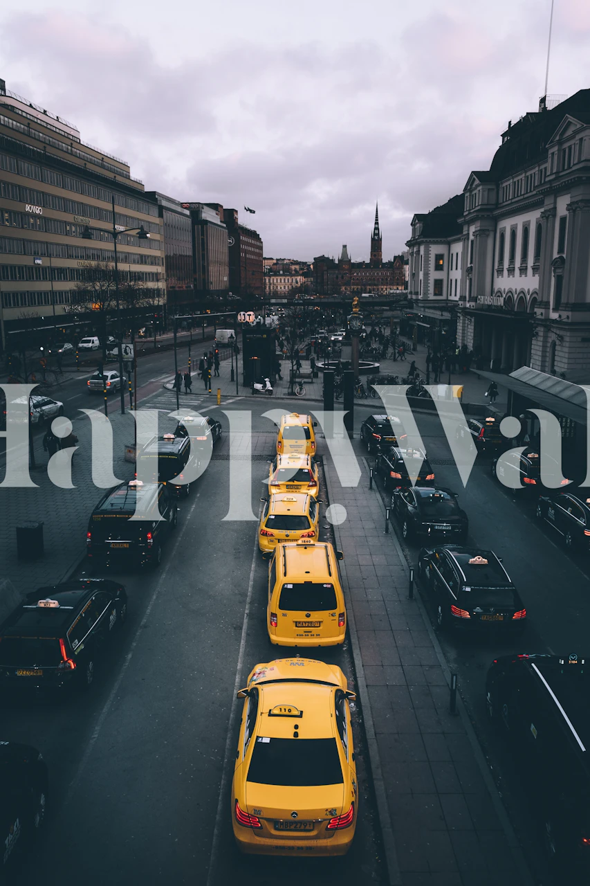 Taxicabs on a street in Stockholm cityscape wall mural