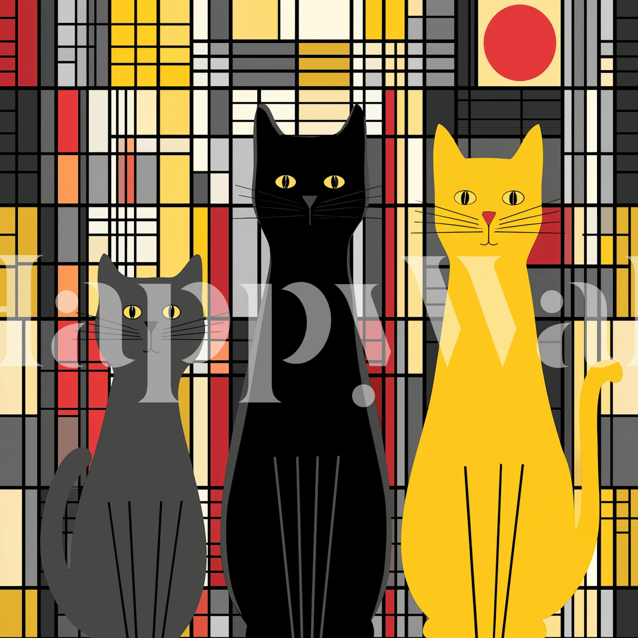 Three stylized cats in black, gray, and yellow on a geometric background wallpaper