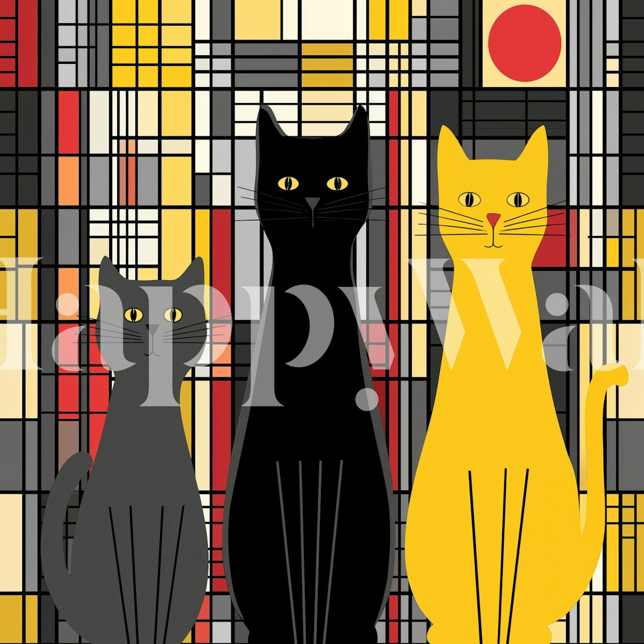 Three stylized cats in black, gray, and yellow on a geometric background wallpaper
