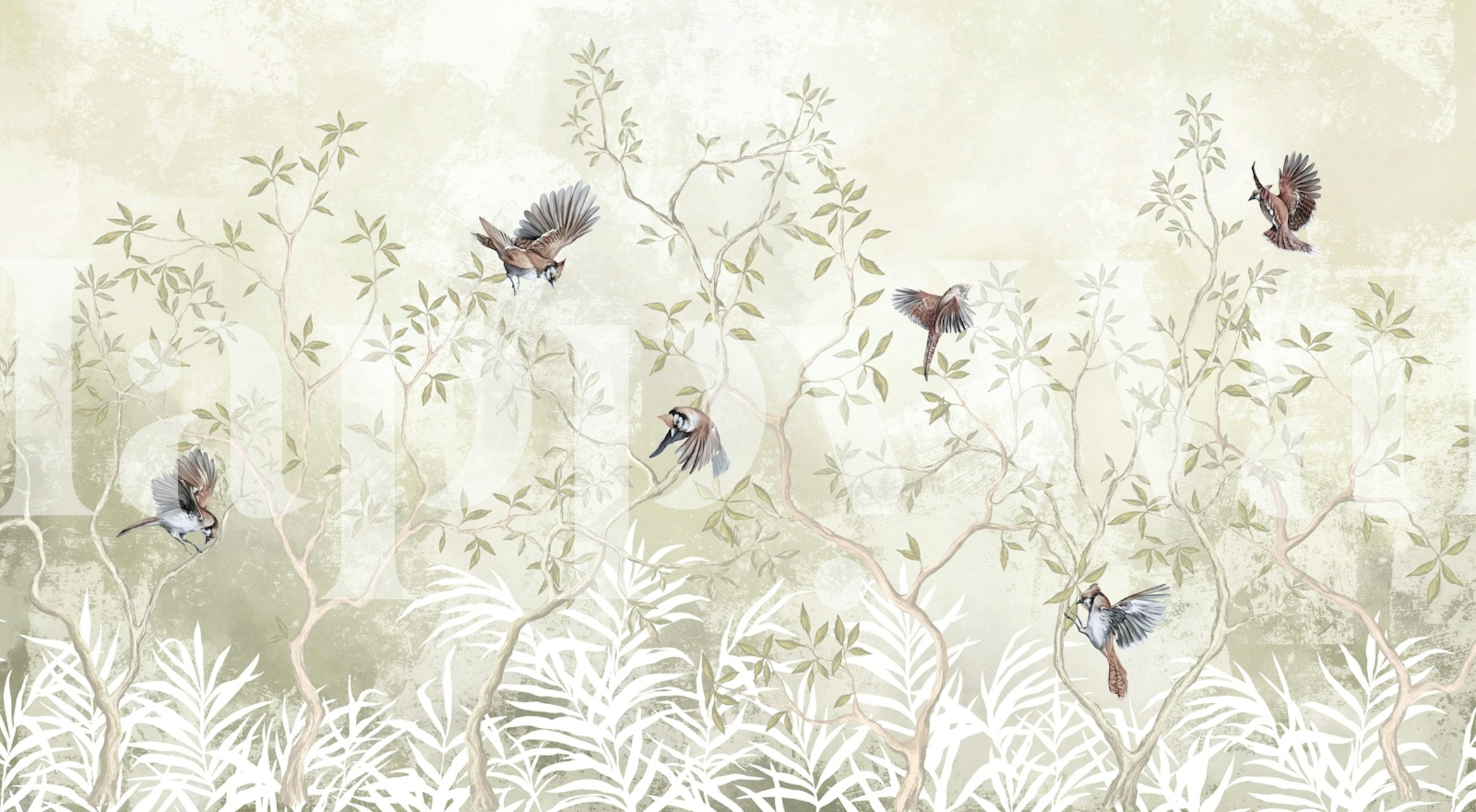 Pastel birds among leafy branches in soft tones wallpaper