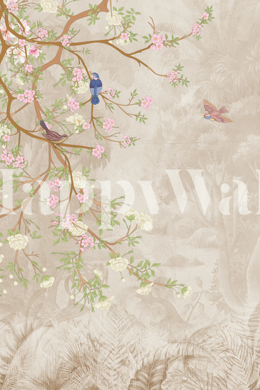 Charming floral branch wallpaper in a room