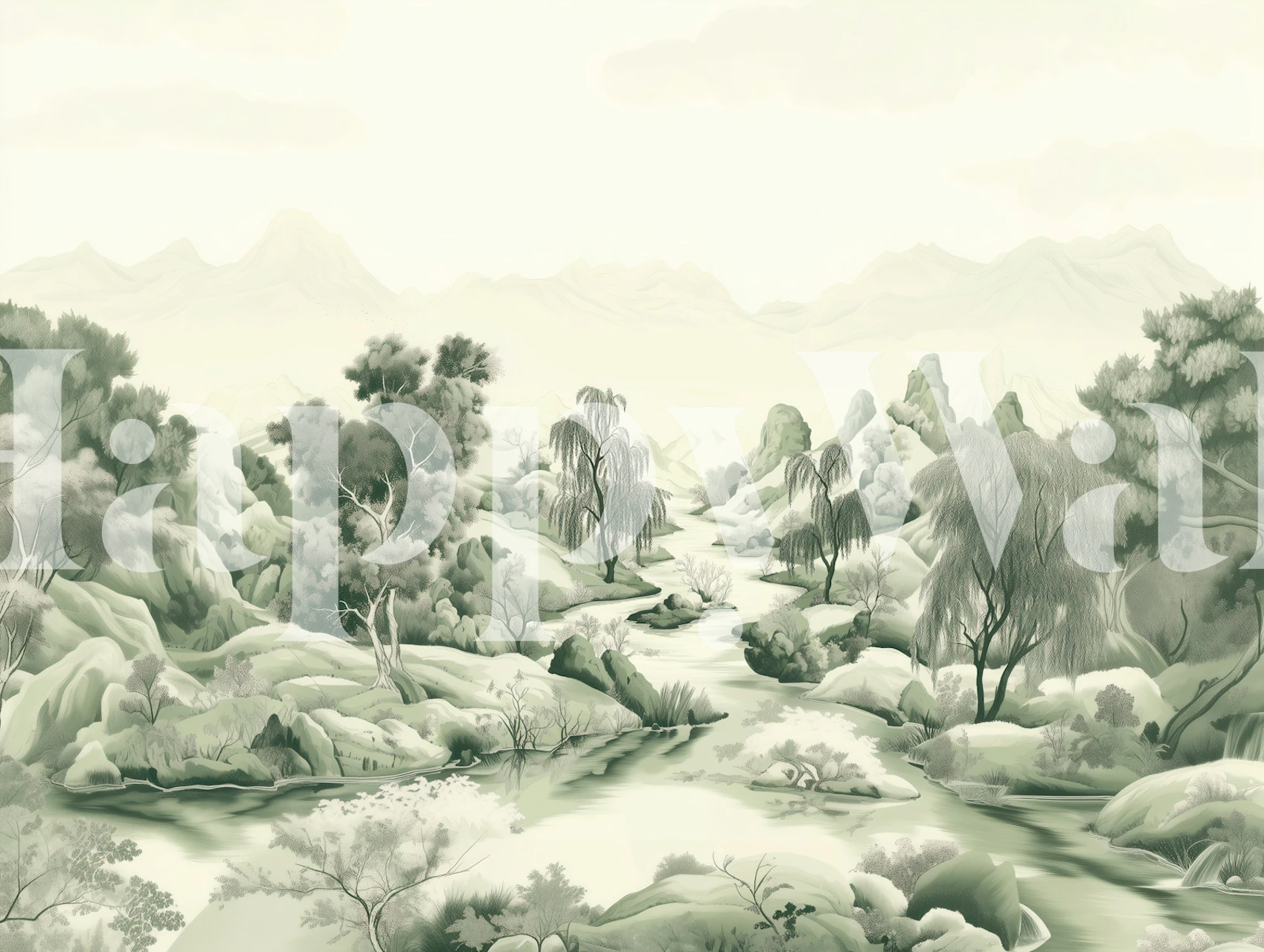 Lush river valley landscape with greenery and mountains wallpaper