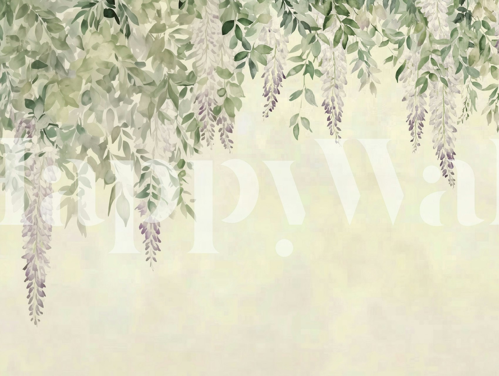 Delicate wisteria flowers and leaves in pale purple and green tones wallpaper