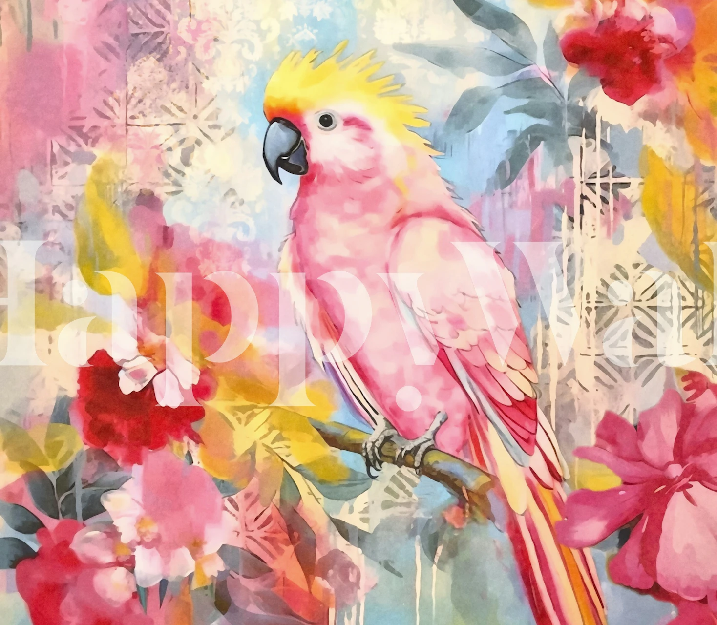Tropical parrot and flowers in vibrant colors wallpaper
