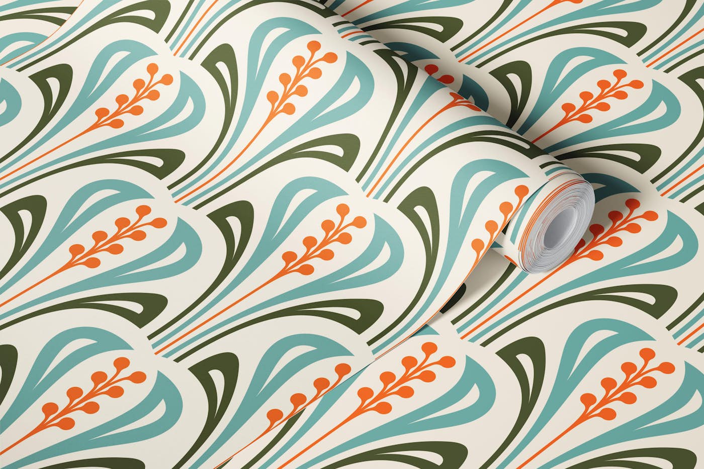 Modern Art Nouveau Vibes in Green Orange - S wallpaper roll