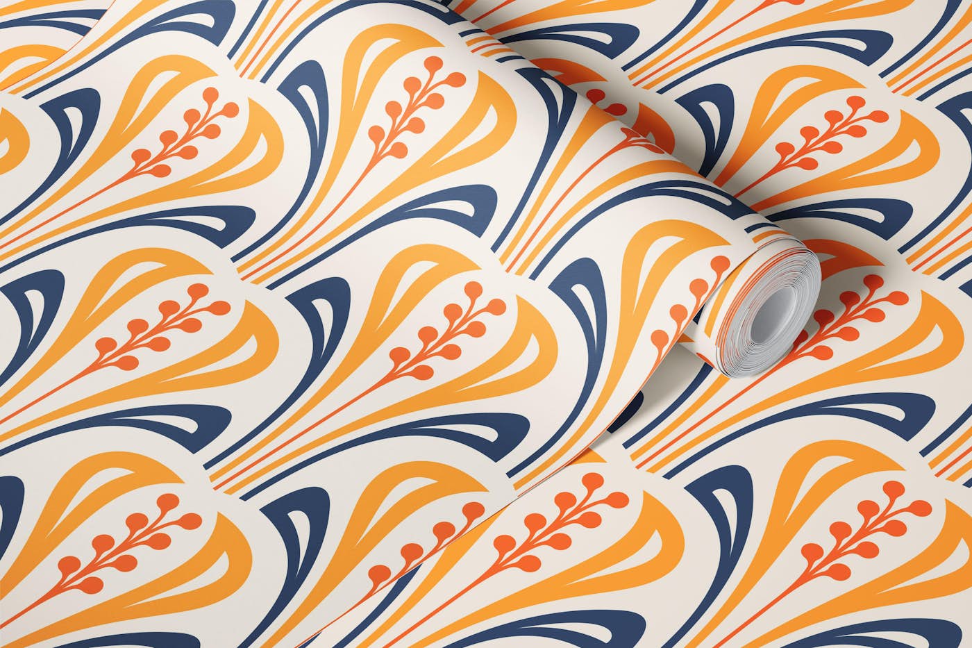 Modern Art Nouveau Vibes in Orange Navy - S wallpaper roll