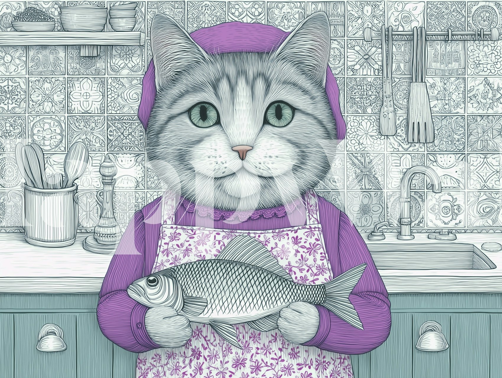 Vintage cat graphic holding fish, pastel colors, cartoon wallpaper