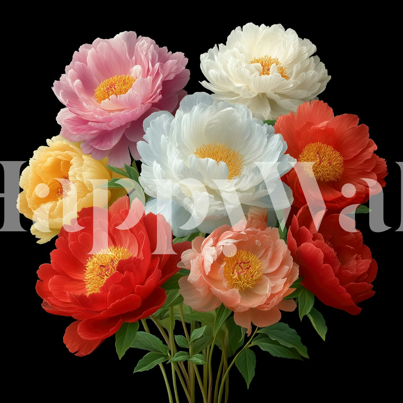 Various peonies in red, pink, white and yellow on black background wallpaper