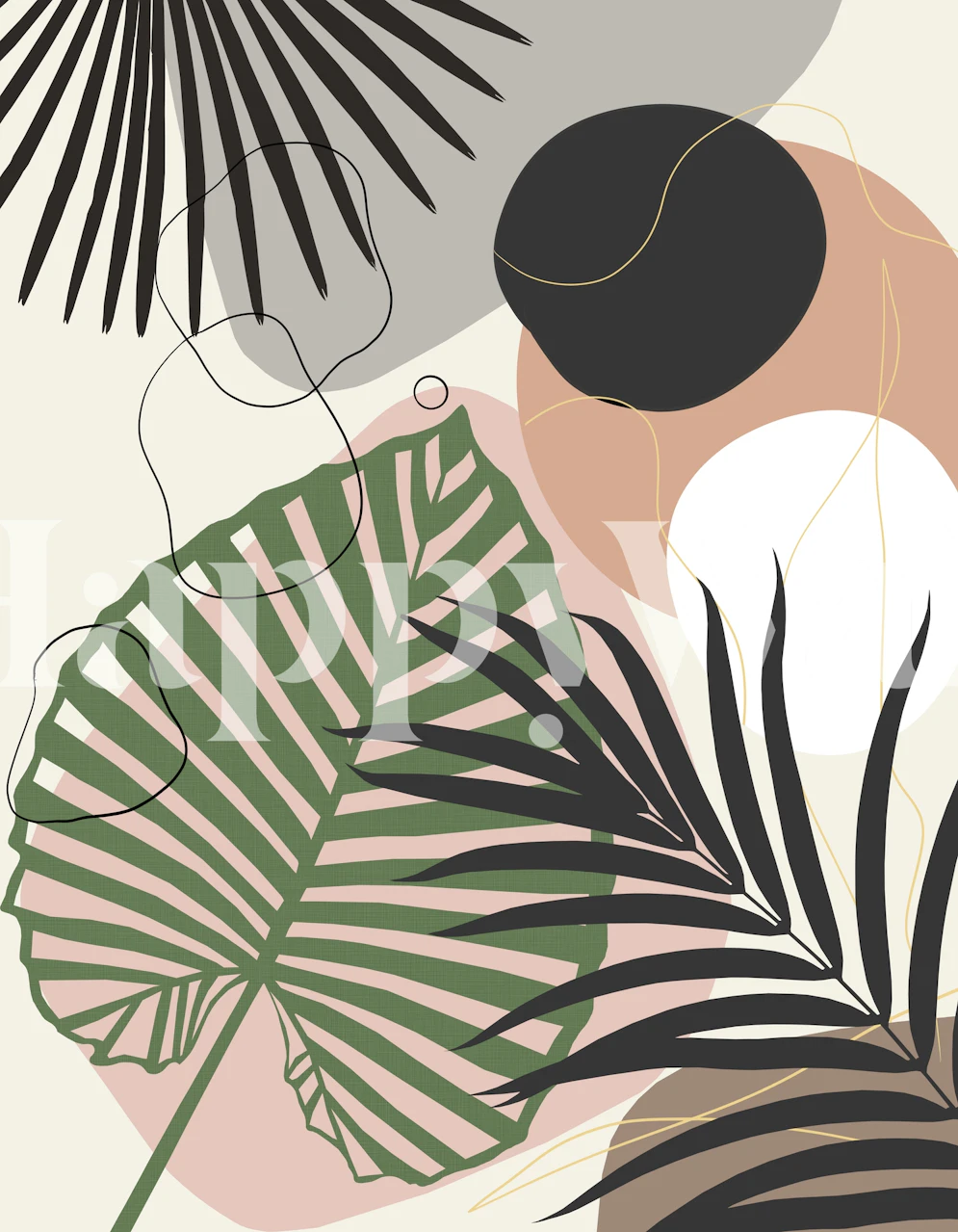Stylized illustration of jungle leaves in muted earth tones for wall mural
