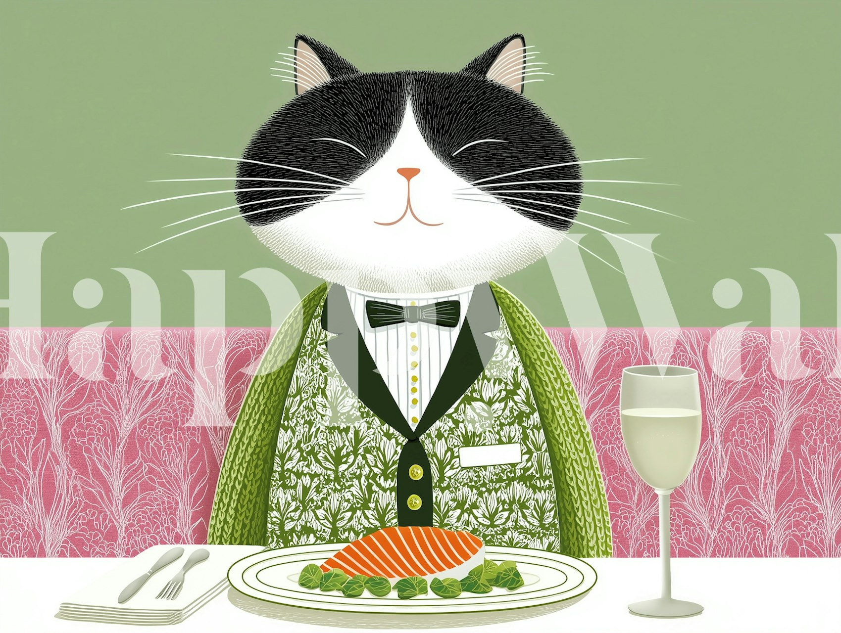 Cat in a tuxedo sitting at a table with dinner and a glass of wine wallpaper