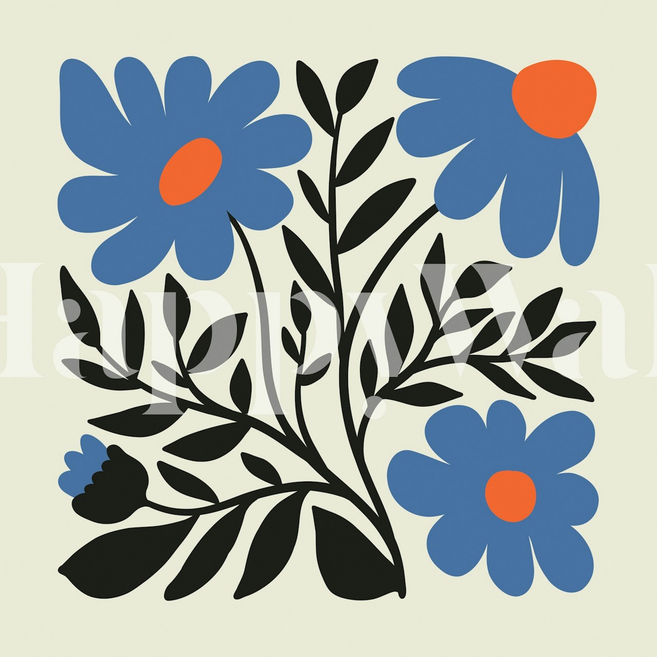 Bold Blue Blooms kukkaseinäpaperi huoneessa