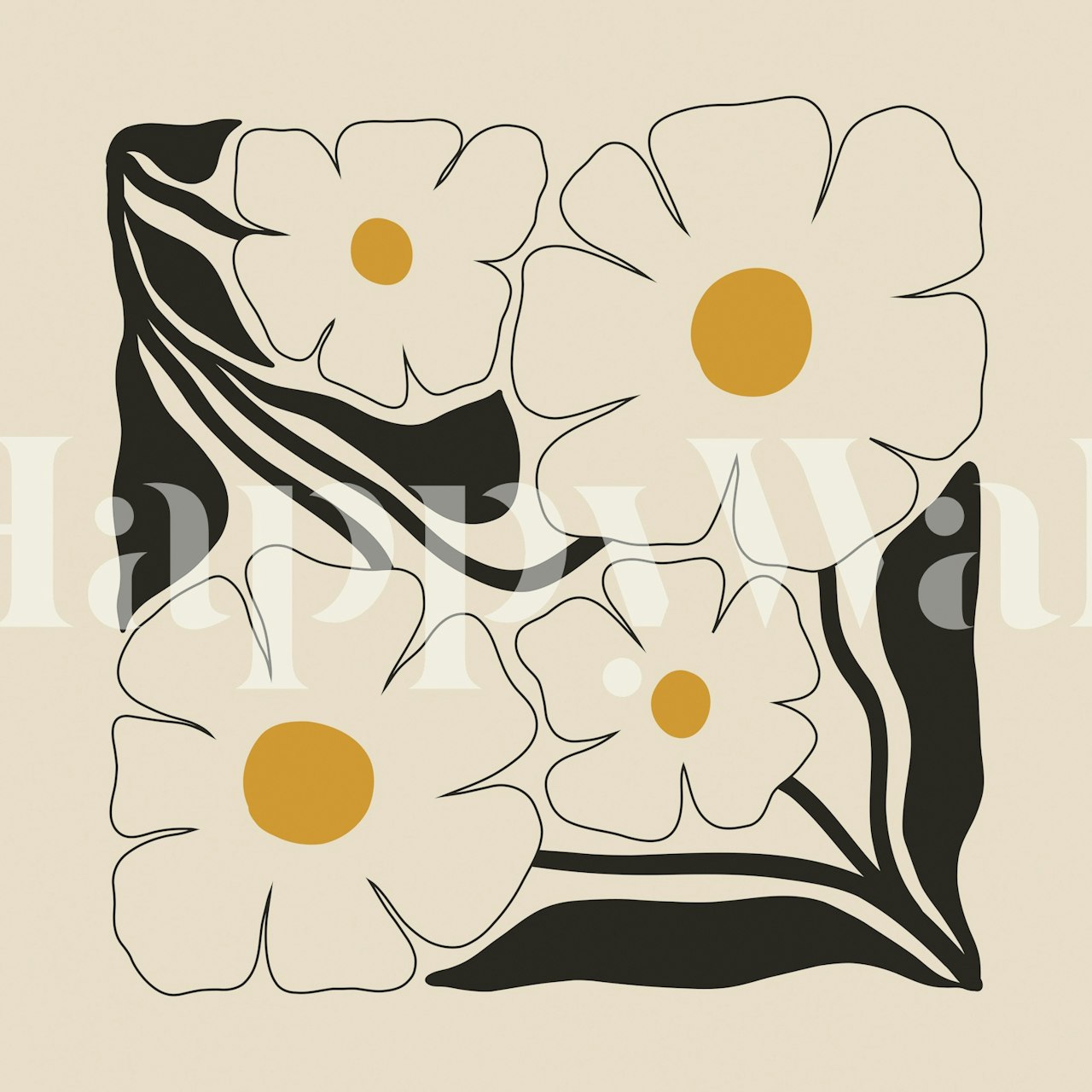 Minimalist black and white daisy wallpaper featuring bold flowers and leaves