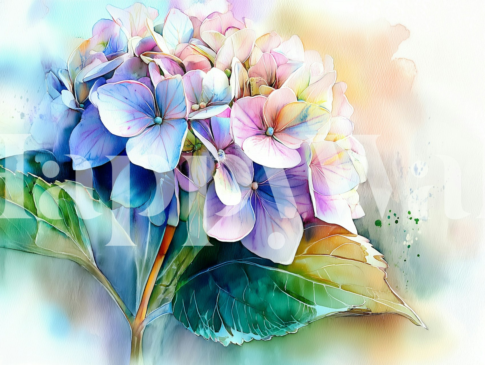 Watercolor hydrangea blooms wallpaper in a room