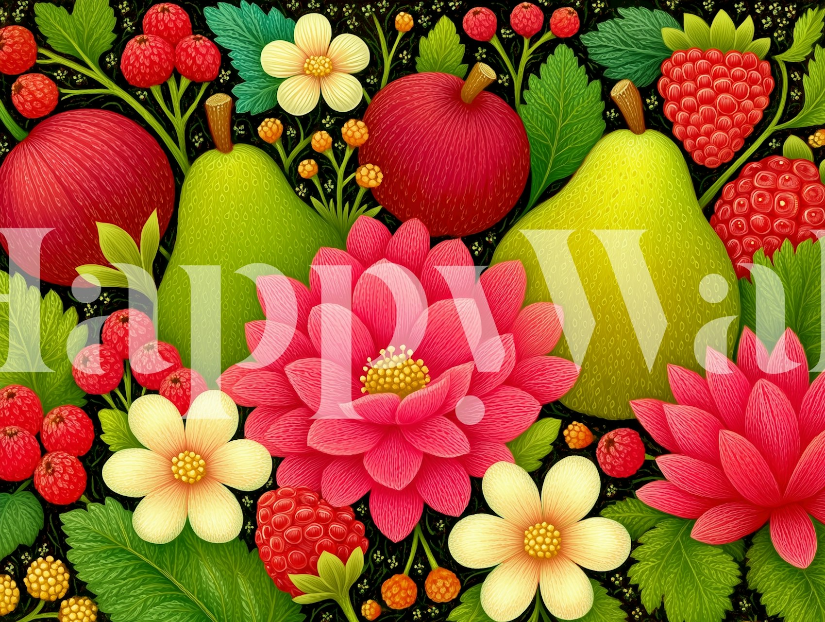 Vibrant floral and fruit wallpaper featuring pink flowers, green pears, and red apples