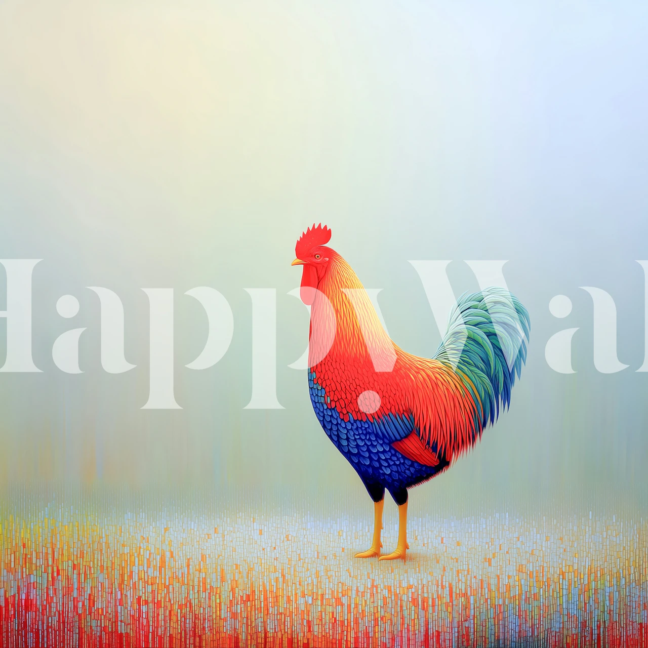 Vibrant rooster art wallpaper in a room