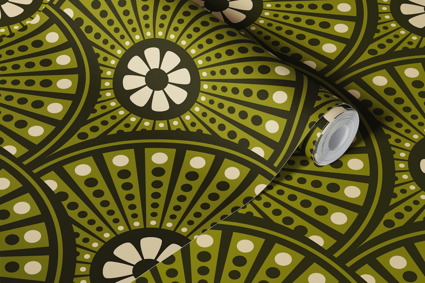 Art Deco floral mandala scallops - dark green wallpaper roll