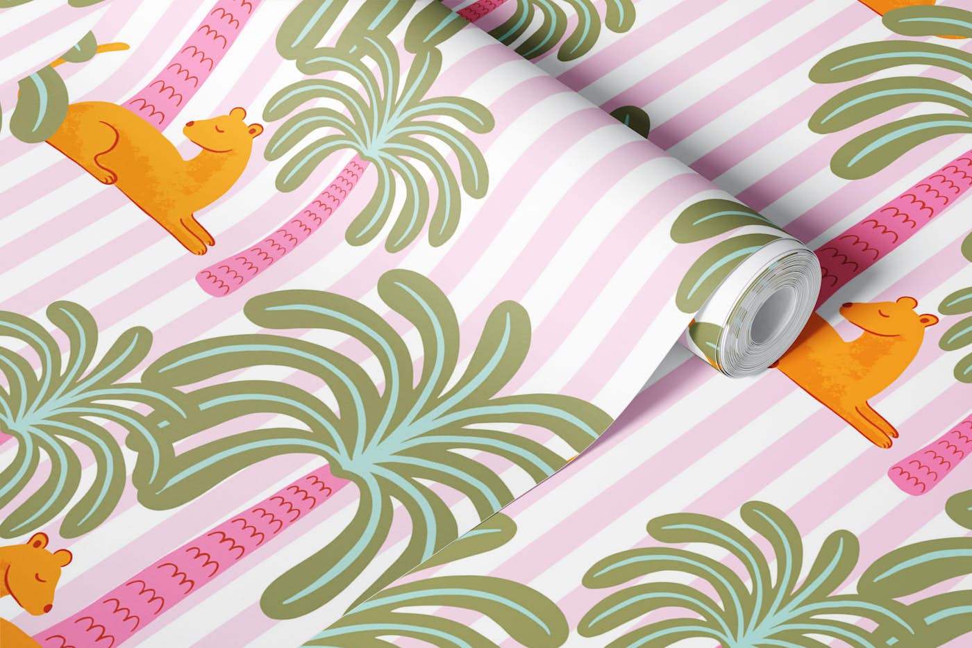orange jungle cats with palms on pink stripes wallpaper roll