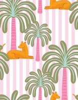 orange jungle cats with palms on pink stripes papel de parede