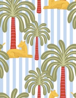 Yellow jungle cats with palms on blue stripes papel de parede