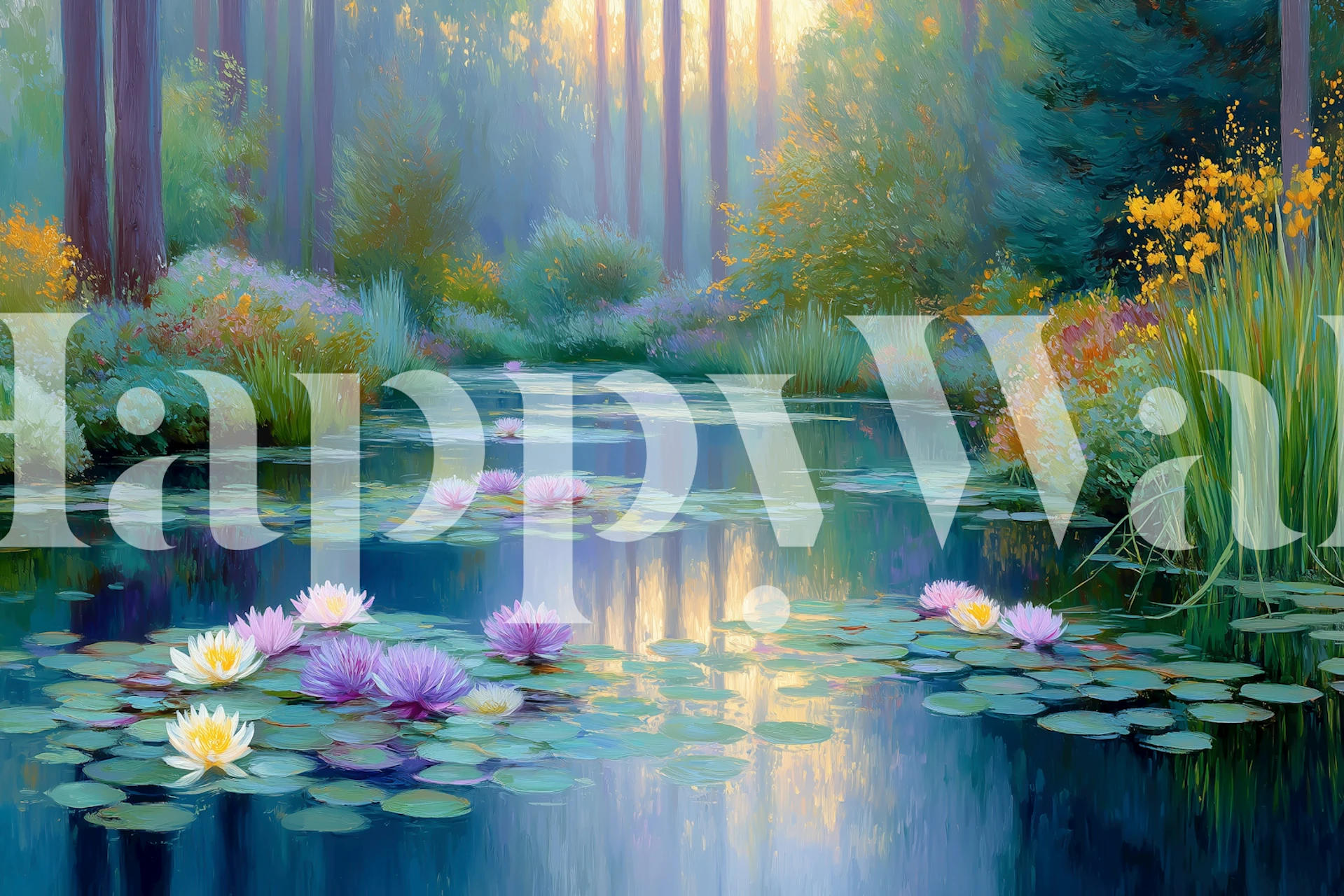 Serene Pond and Forest Reflection tapet i et rom