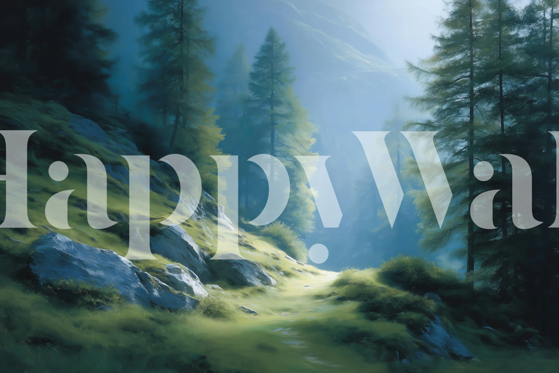 Forest scene with blue mist and greenery wallpaper