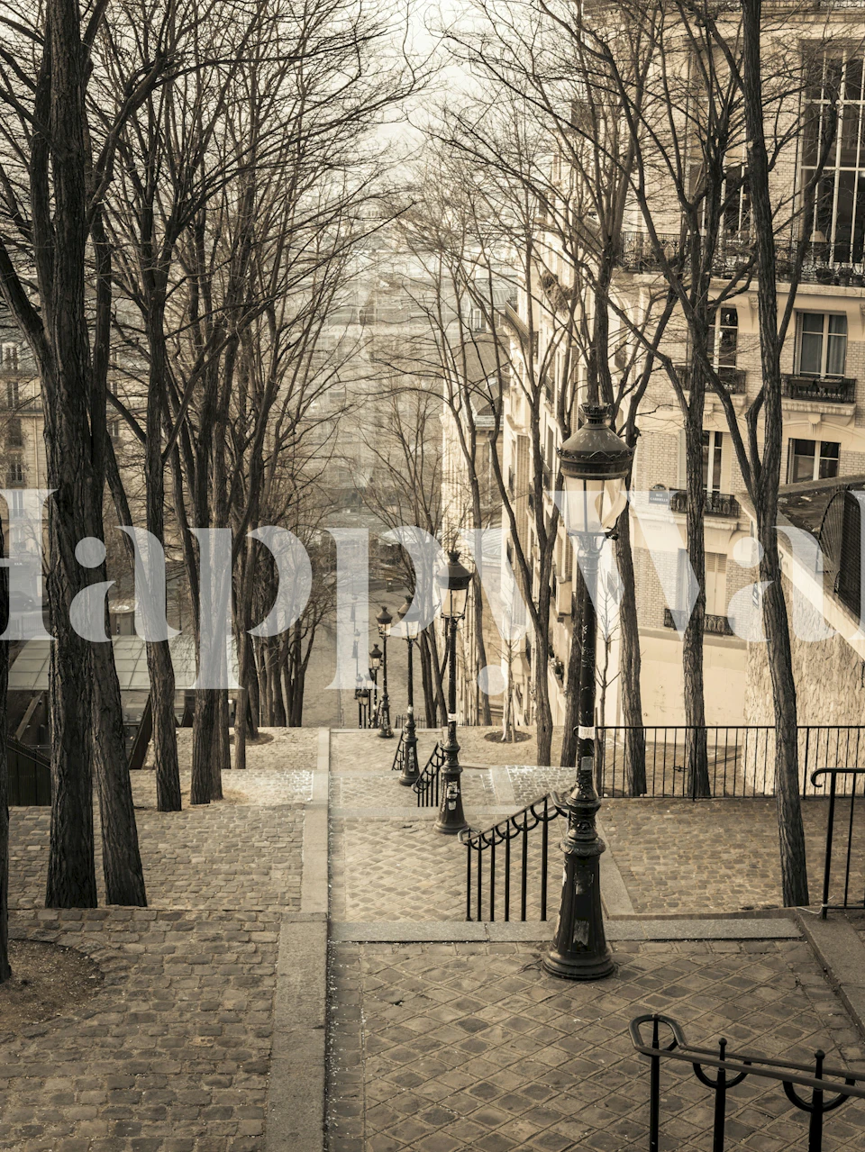 Stunning vintage scene with stairs, trees, and lampposts in warm tones wallpaper