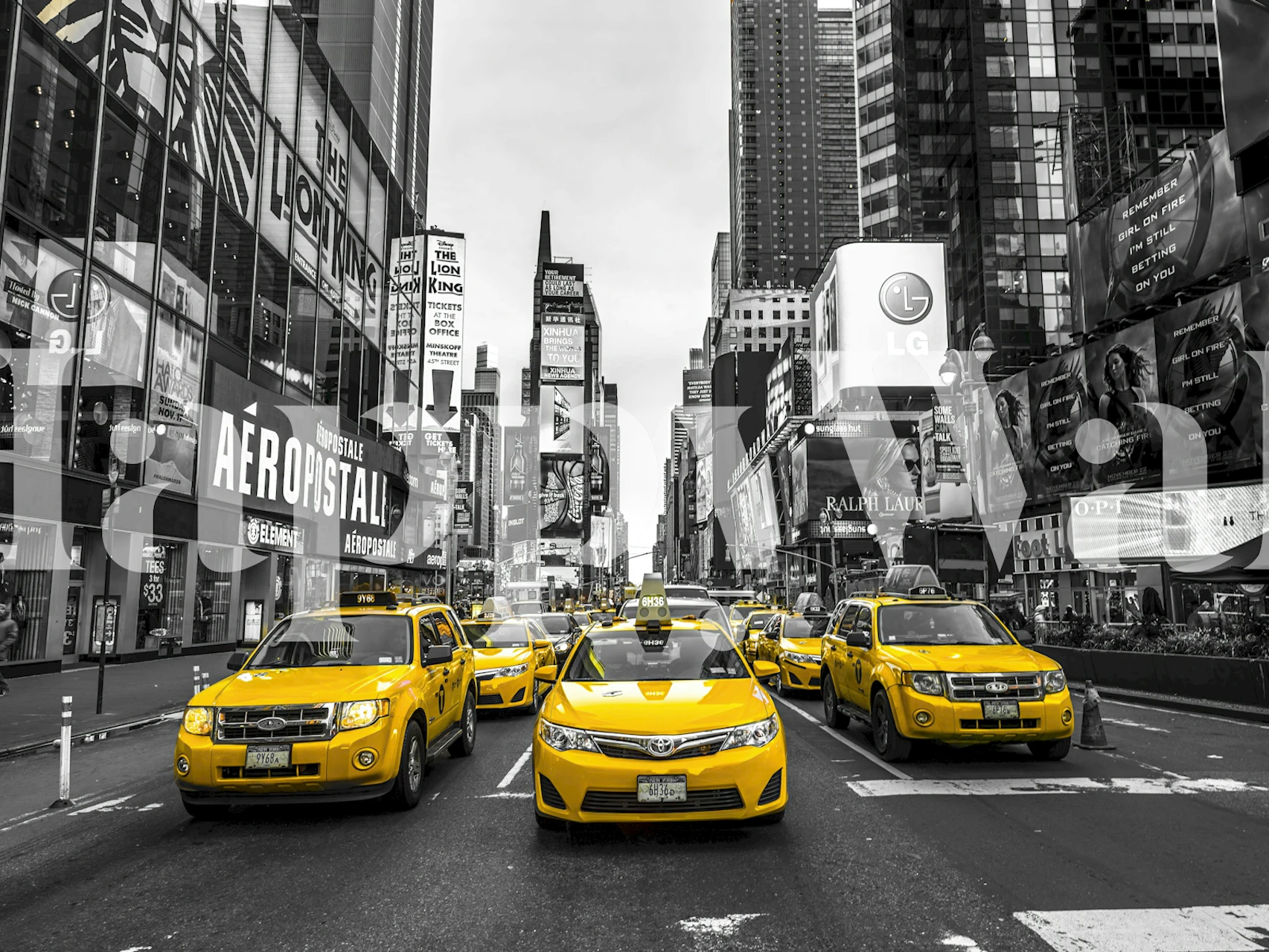 Yellow taxis in black and white cityscape wallpaper