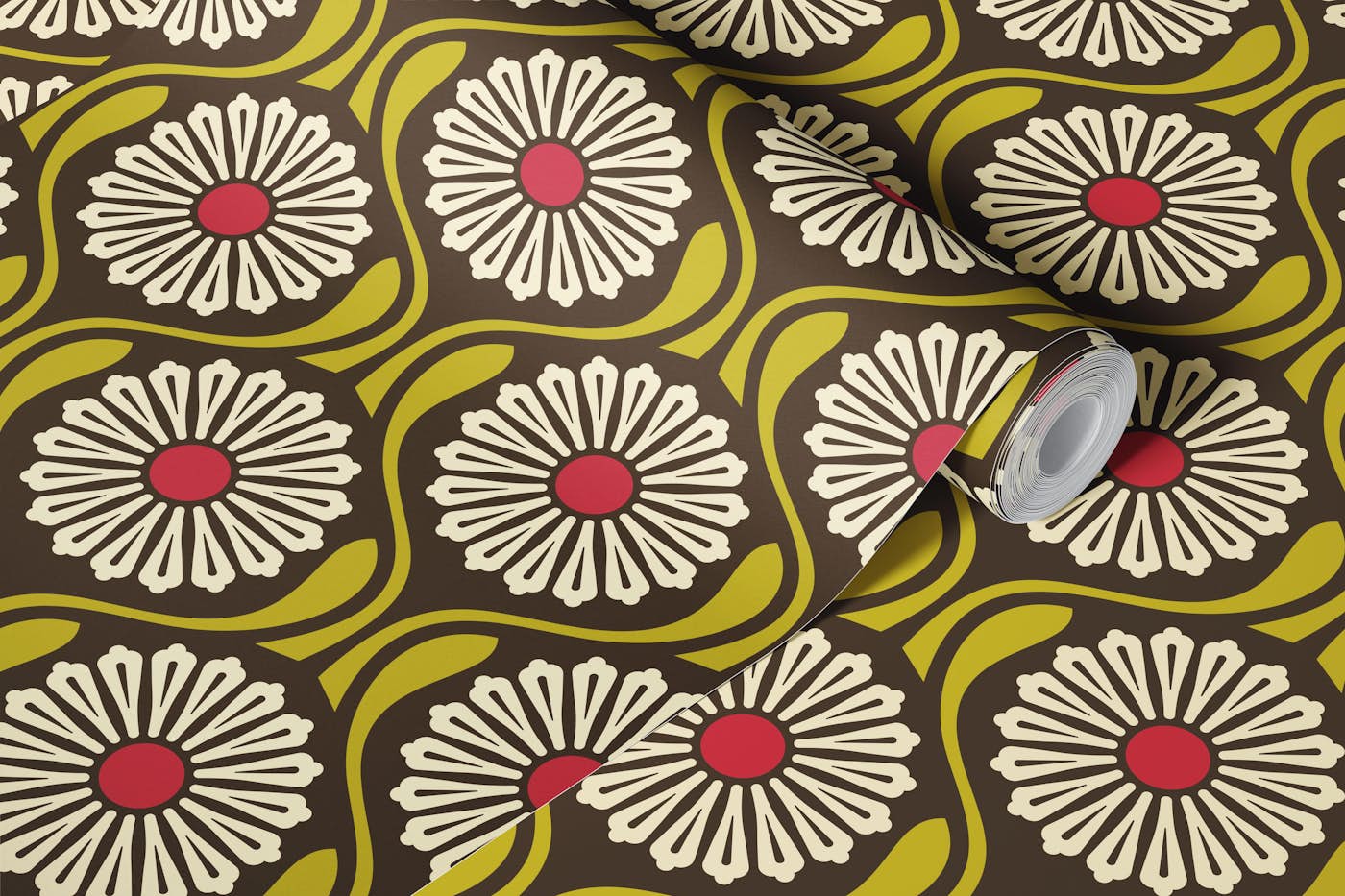 Vintage Daisy Vibes in Brown Green - S wallpaper roll