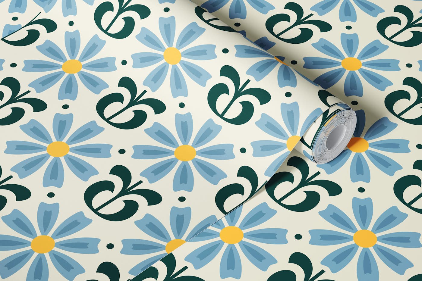 Groovy Daisy Floral Flair in Blue Green - S wallpaper roll