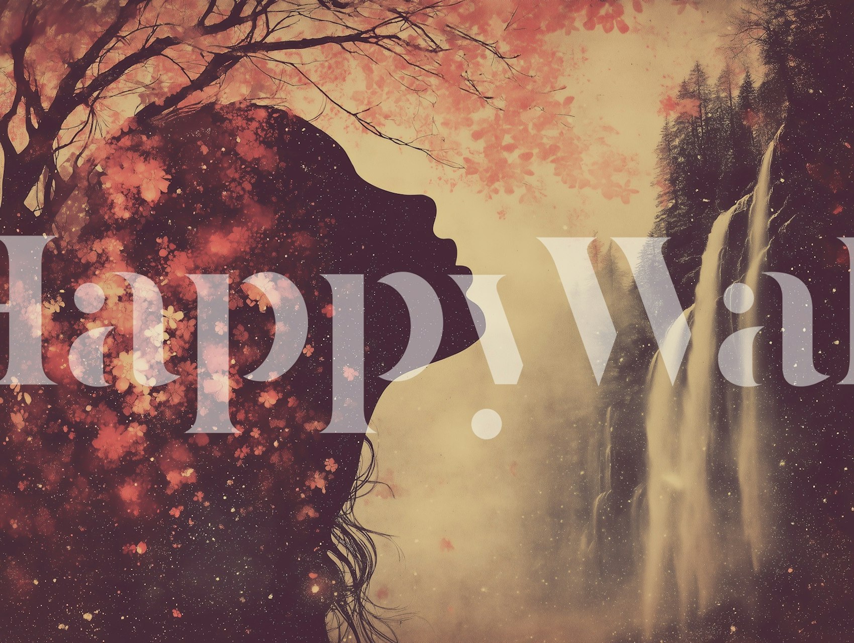 Silhouette of a woman with floral elements and waterfall background wallpaper