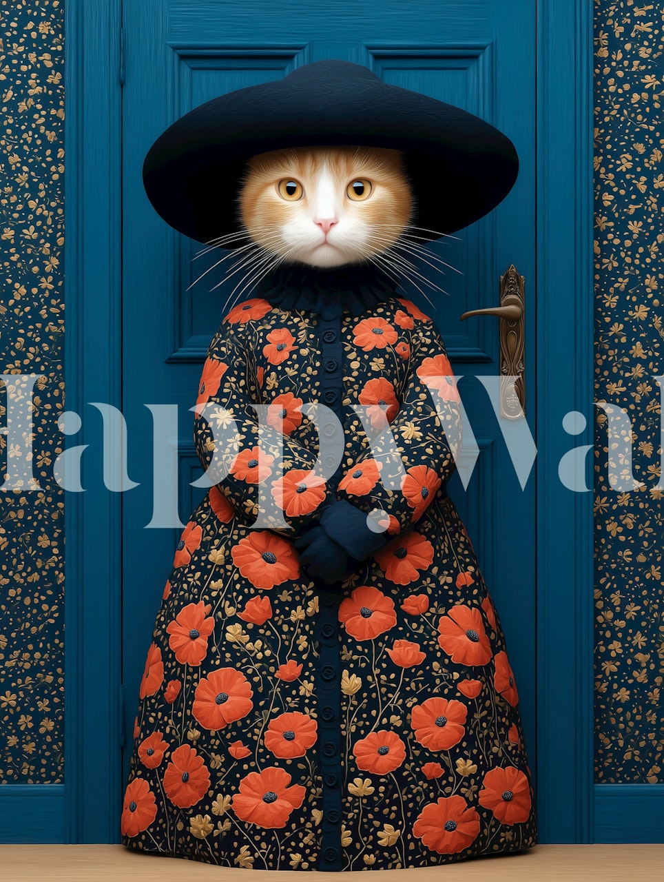 Whimsical cat in poppy dress wallpaper design