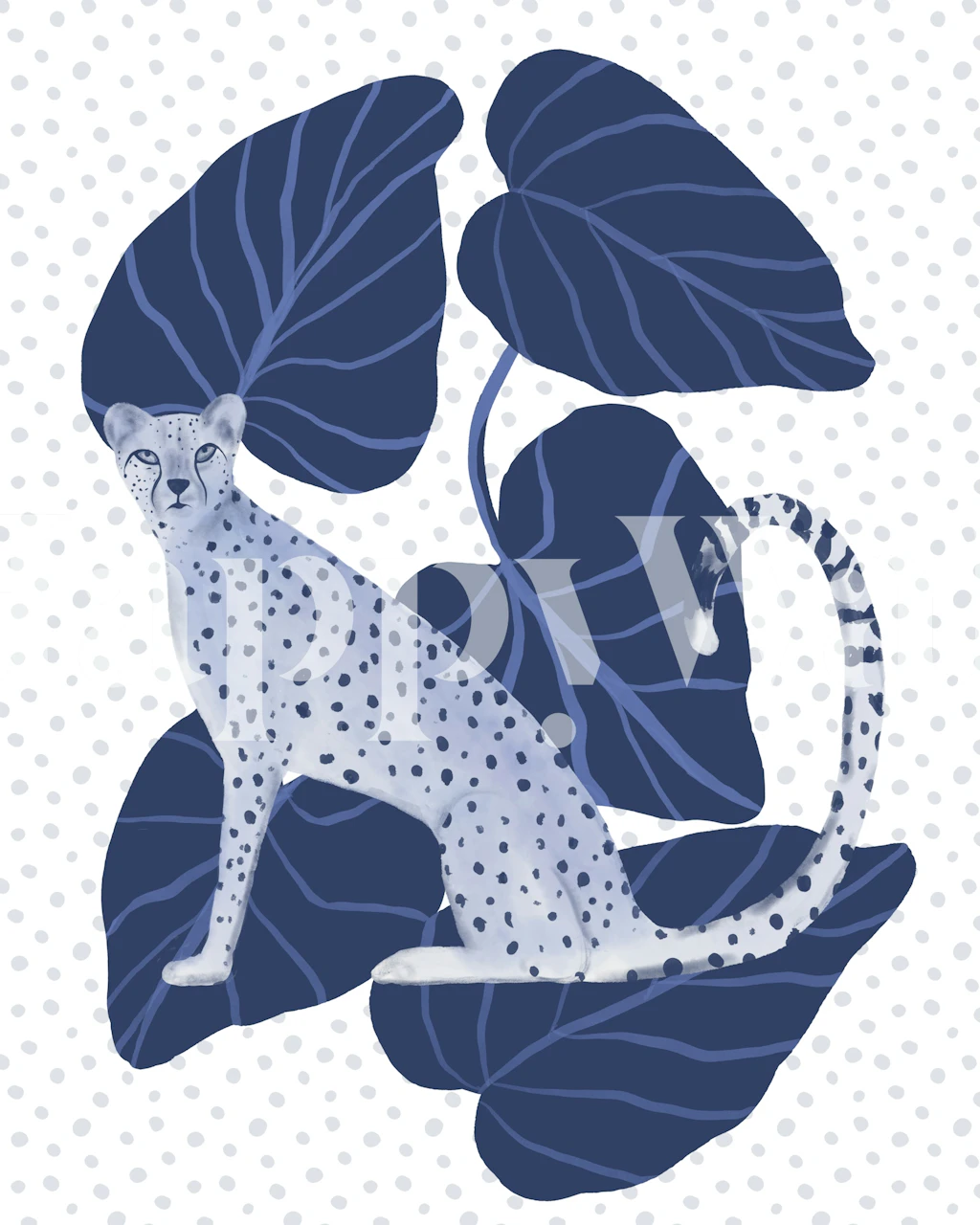 White cheetah with spots in blue foliage on white background wallpaper