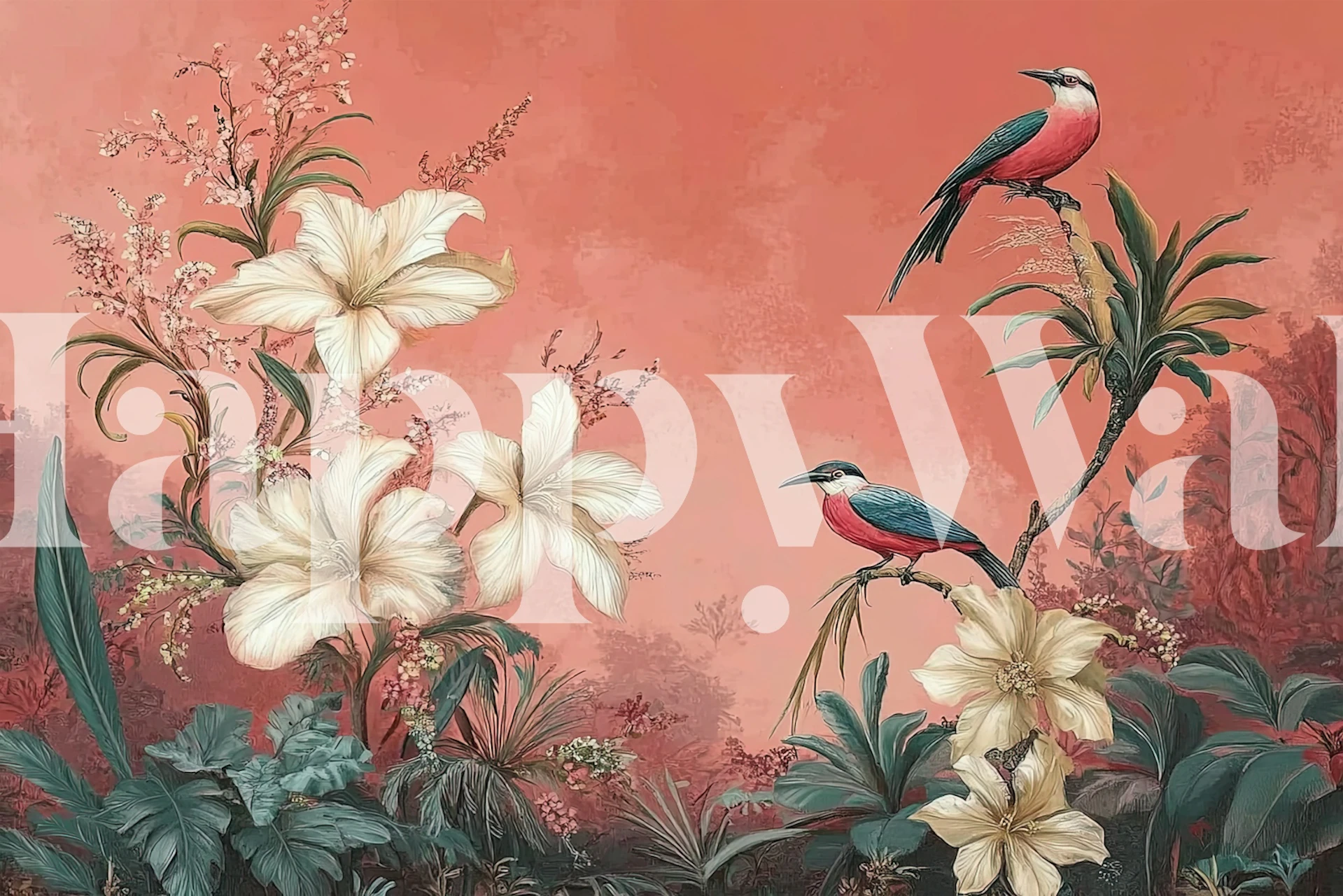 Floral design with white flowers and colorful birds on a pink background wallpaper