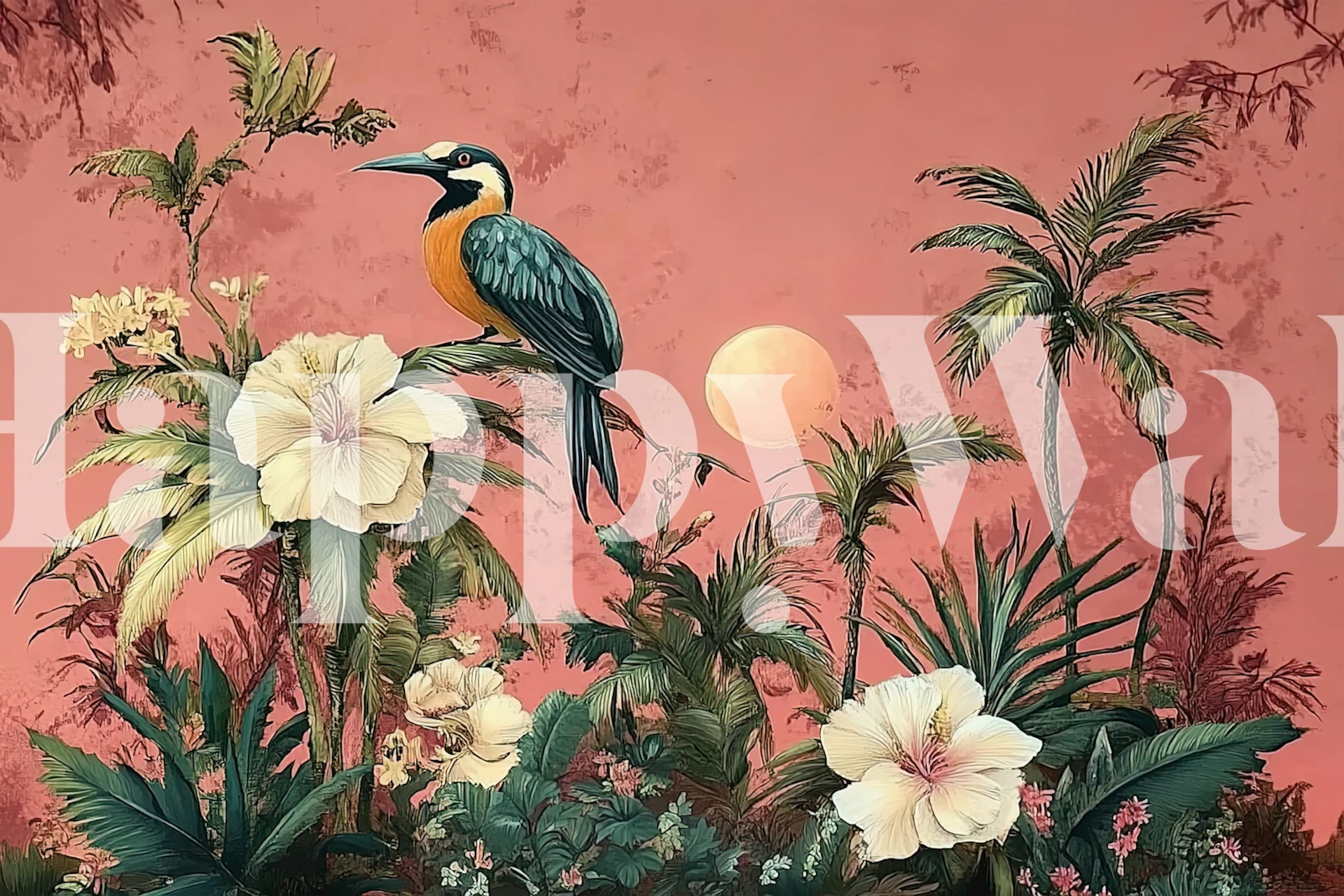 Tropical floral wallpaper with large white hibiscus and a colorful bird against a pink background