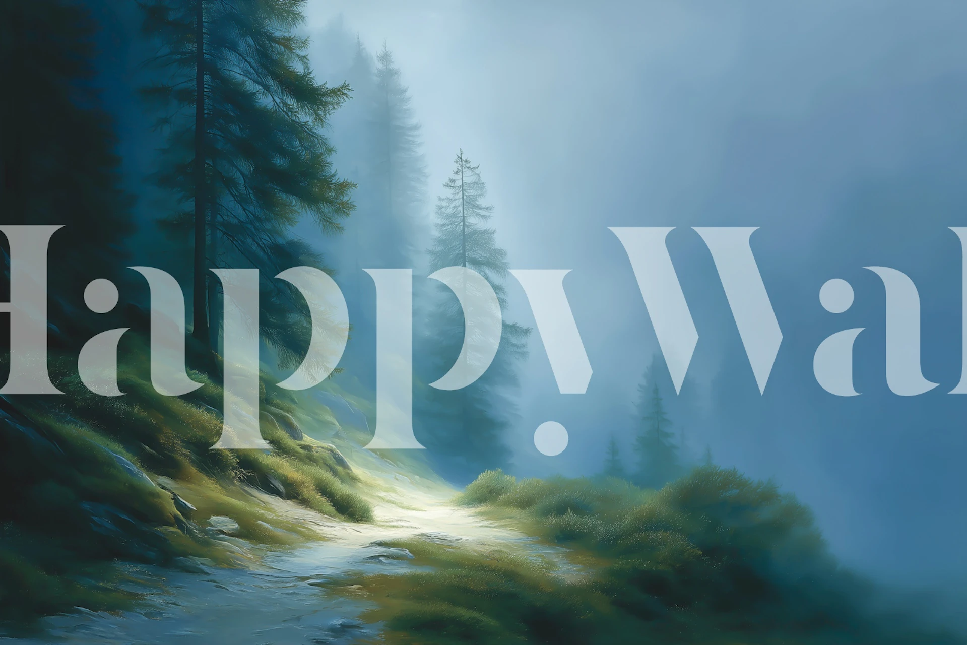 Misty forest landscape wallpaper featuring tall pines and soft greens.