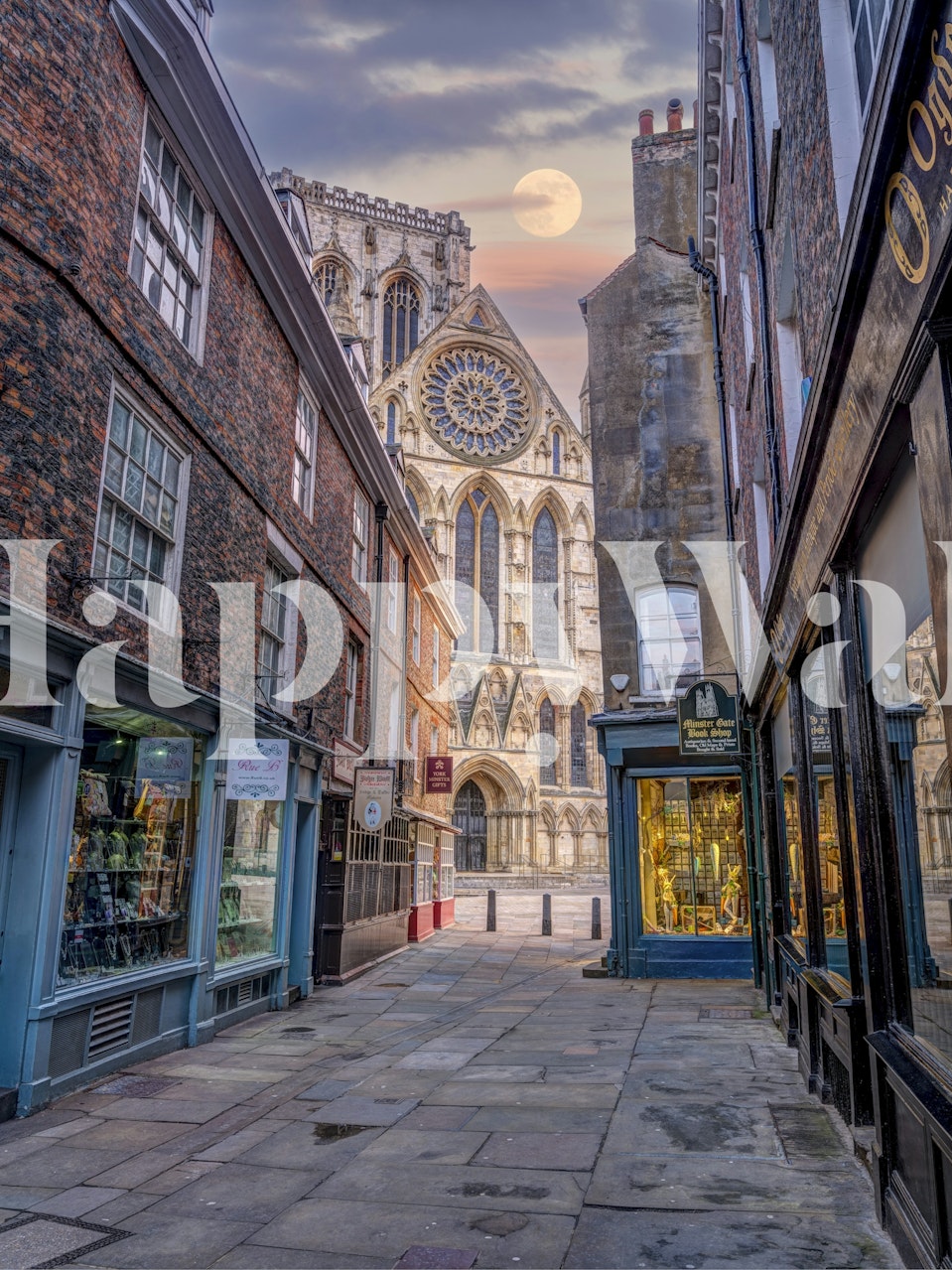 Moon over charming street wallpaper in a room