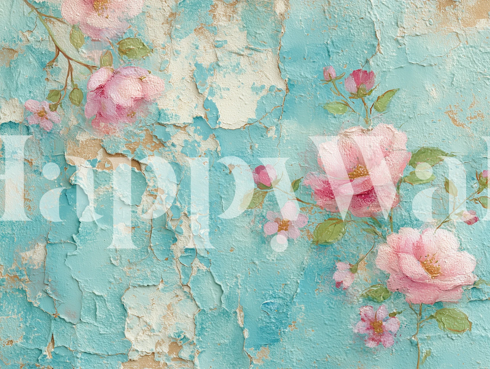 Pink flowers on cracked blue textured wallpaper
