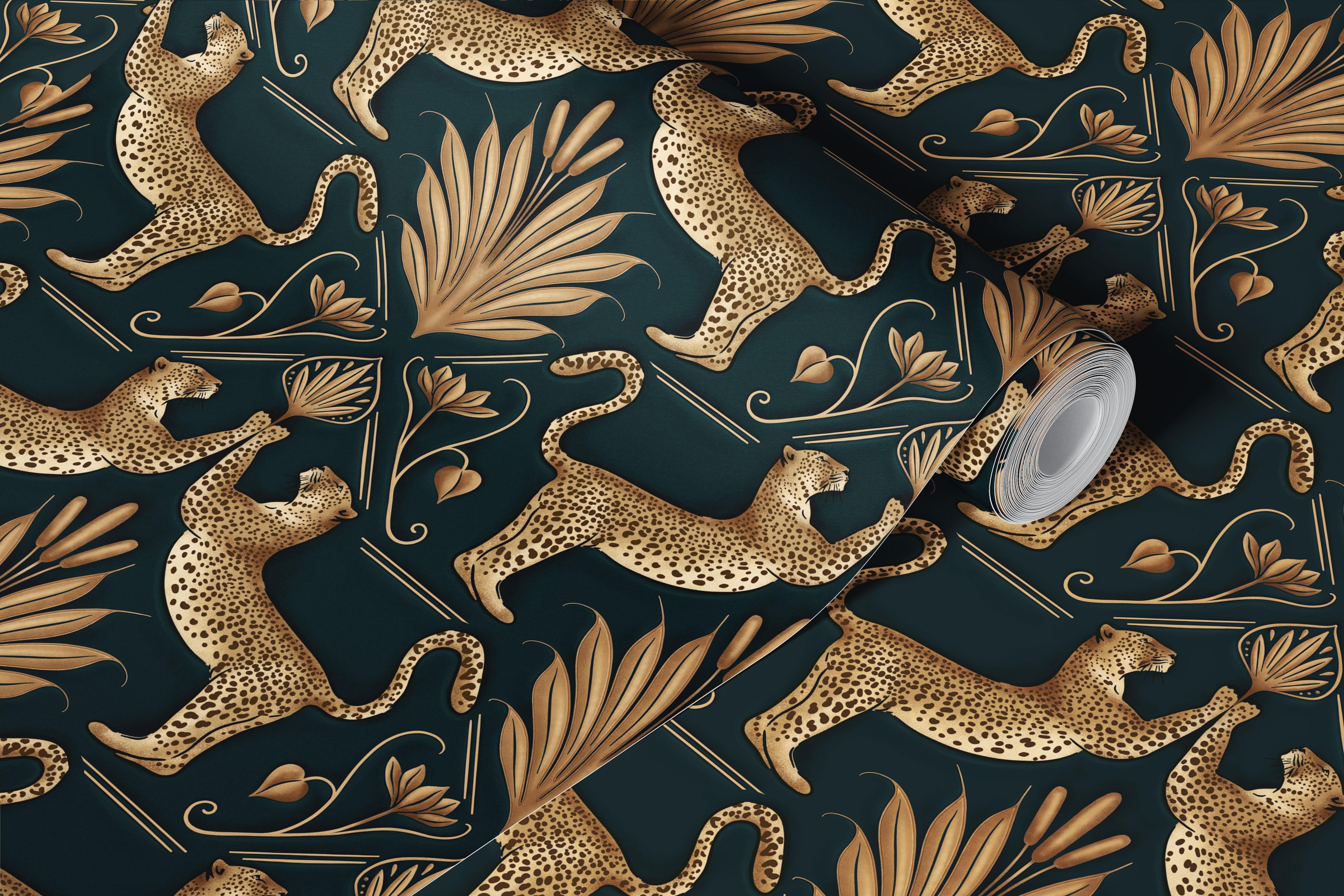 Art Deco Leopard Gold Emerald tapet i et rom