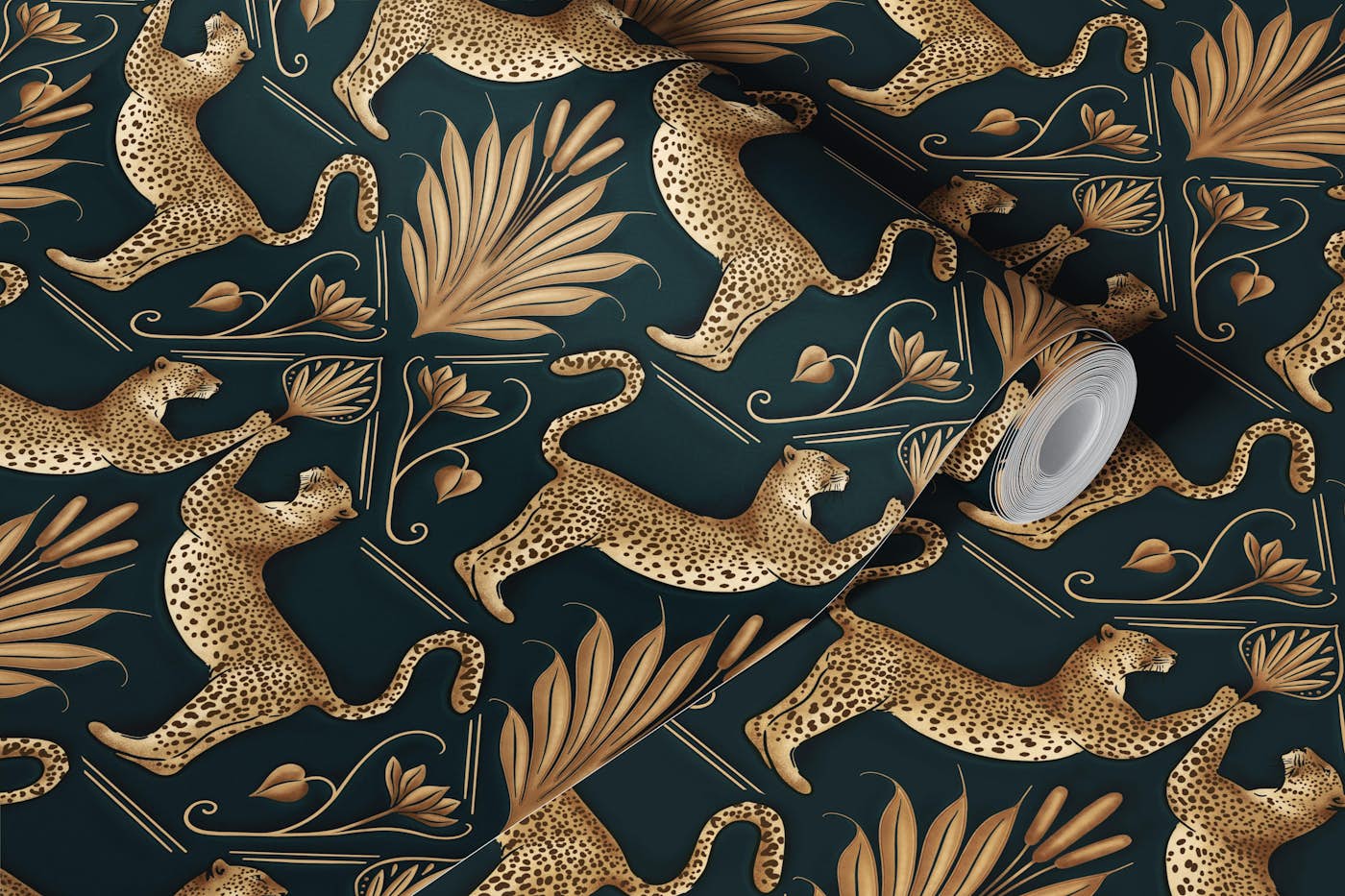 Art Deco Leopard Gold Emerald wallpaper roll
