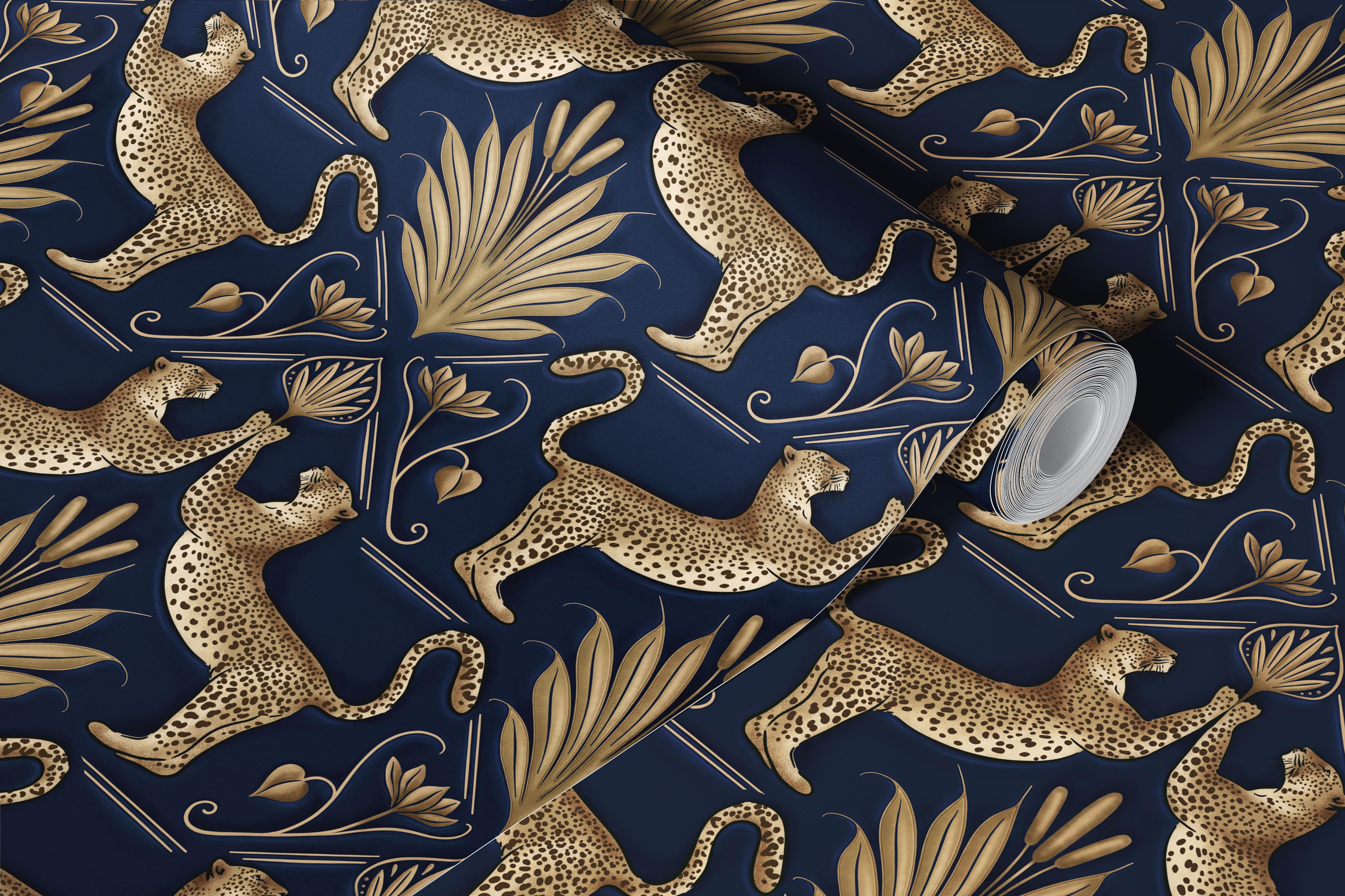 Art Deco leopard wallpaper in a blue room