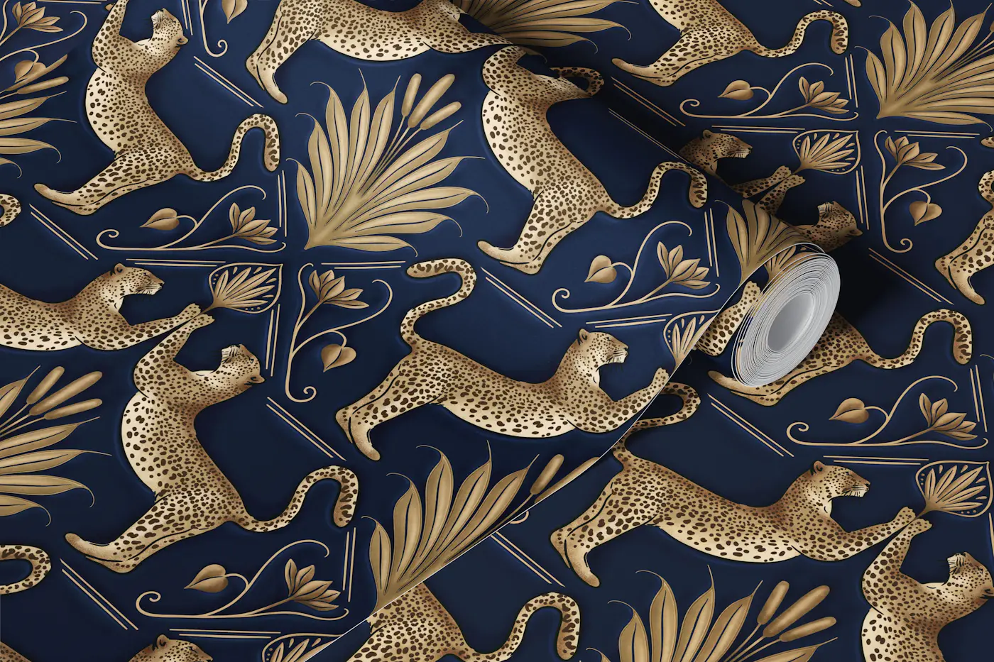 Art Deco Leopard Gold Blue wallpaper roll