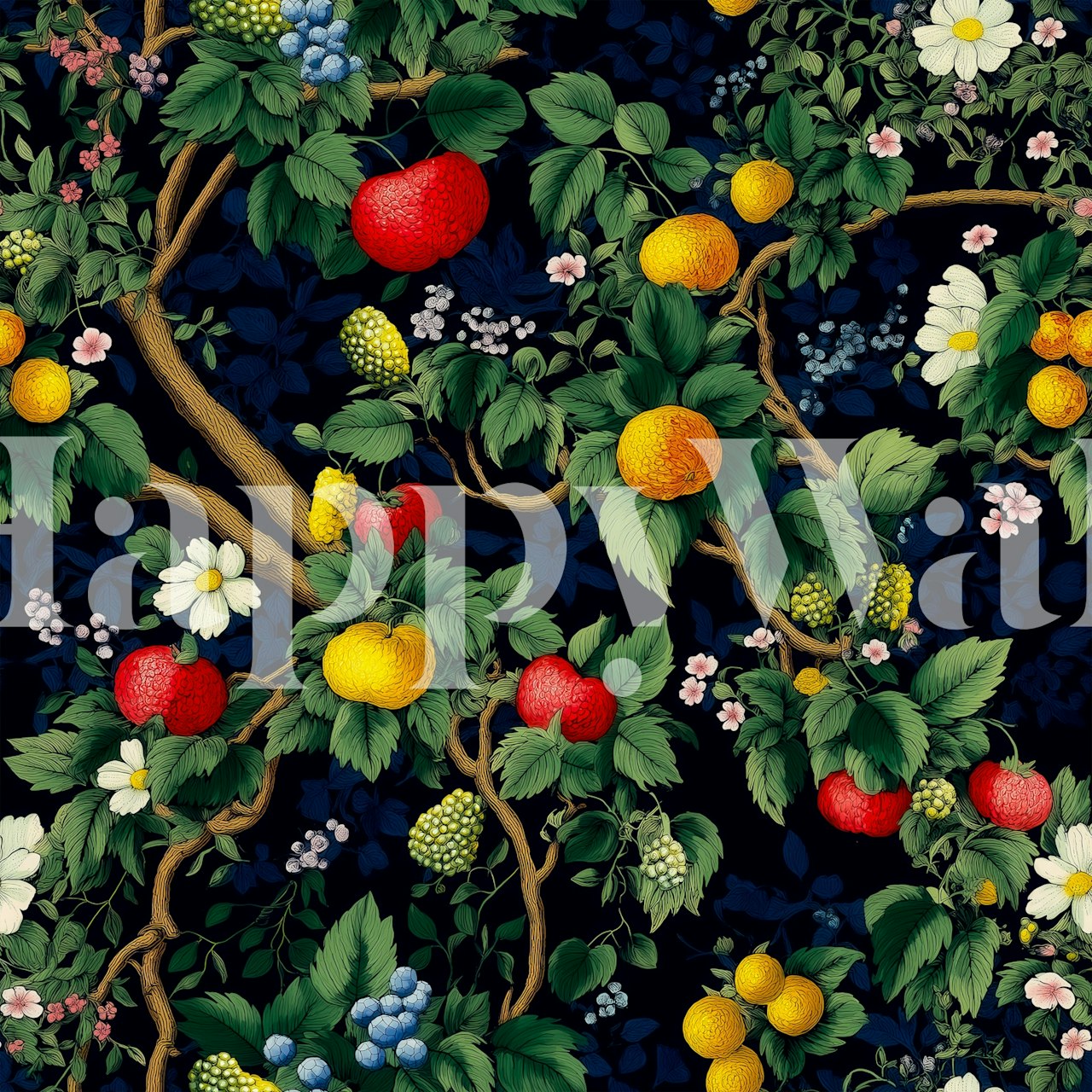 Colorful fruit branches on dark background floral wallpaper